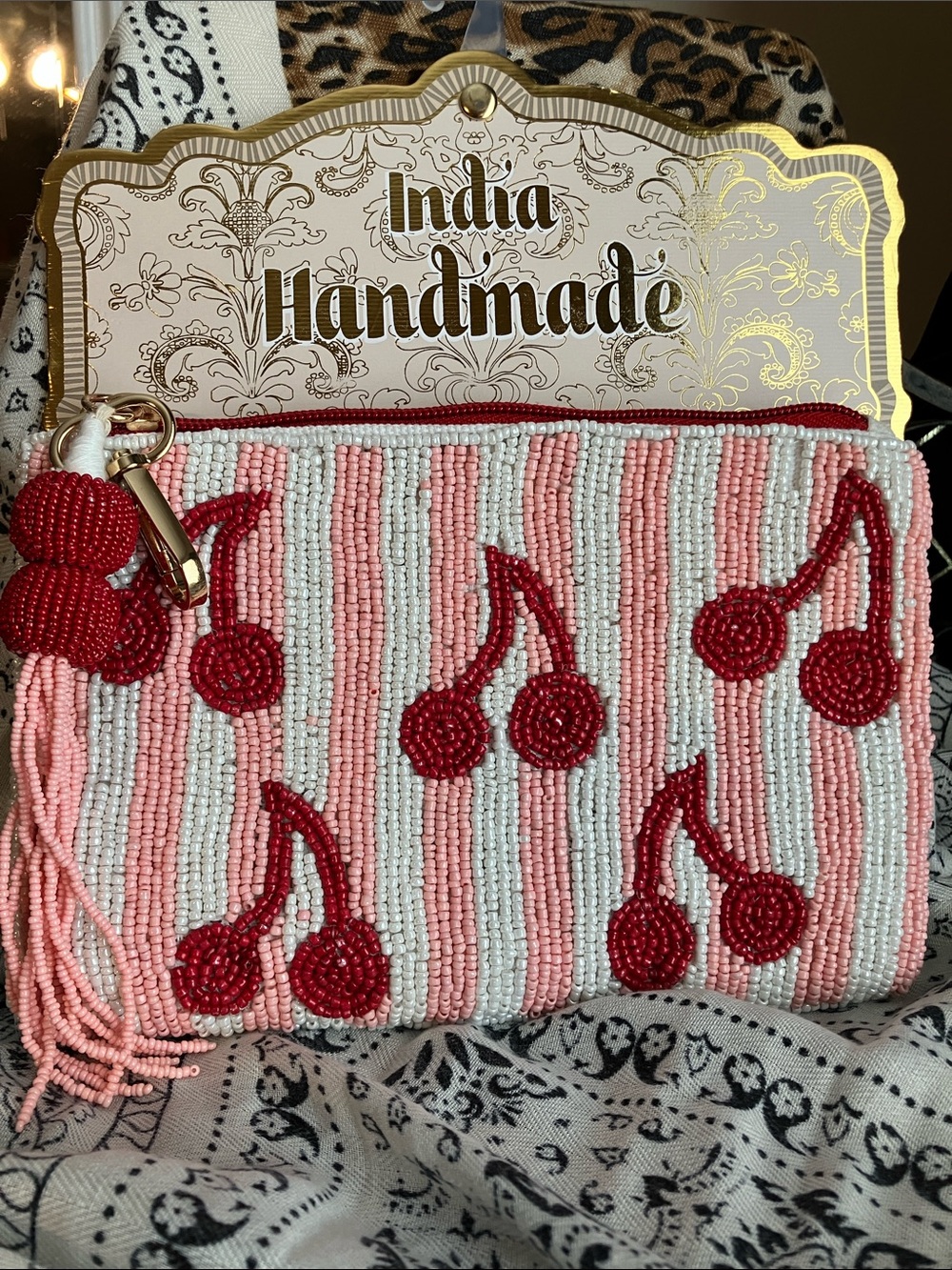Indian Handmade Beaded Cherry Clutch - NWT; & Free earrings